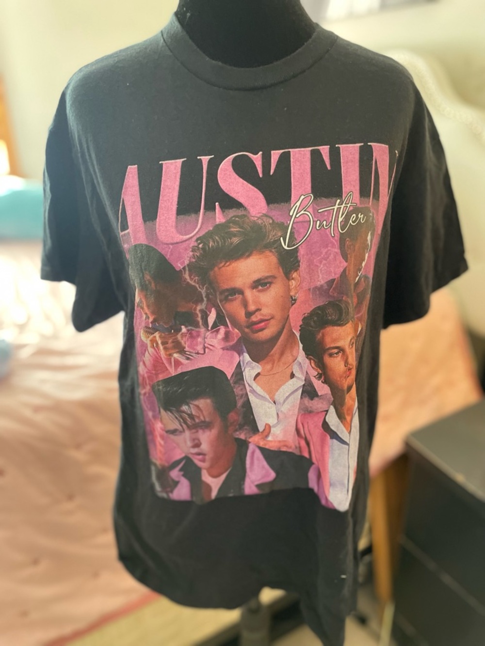 Black Graphic Austin Butler T-Shirt with Pink Artwork